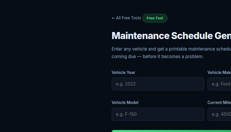 Maintenance Schedule Generator interface