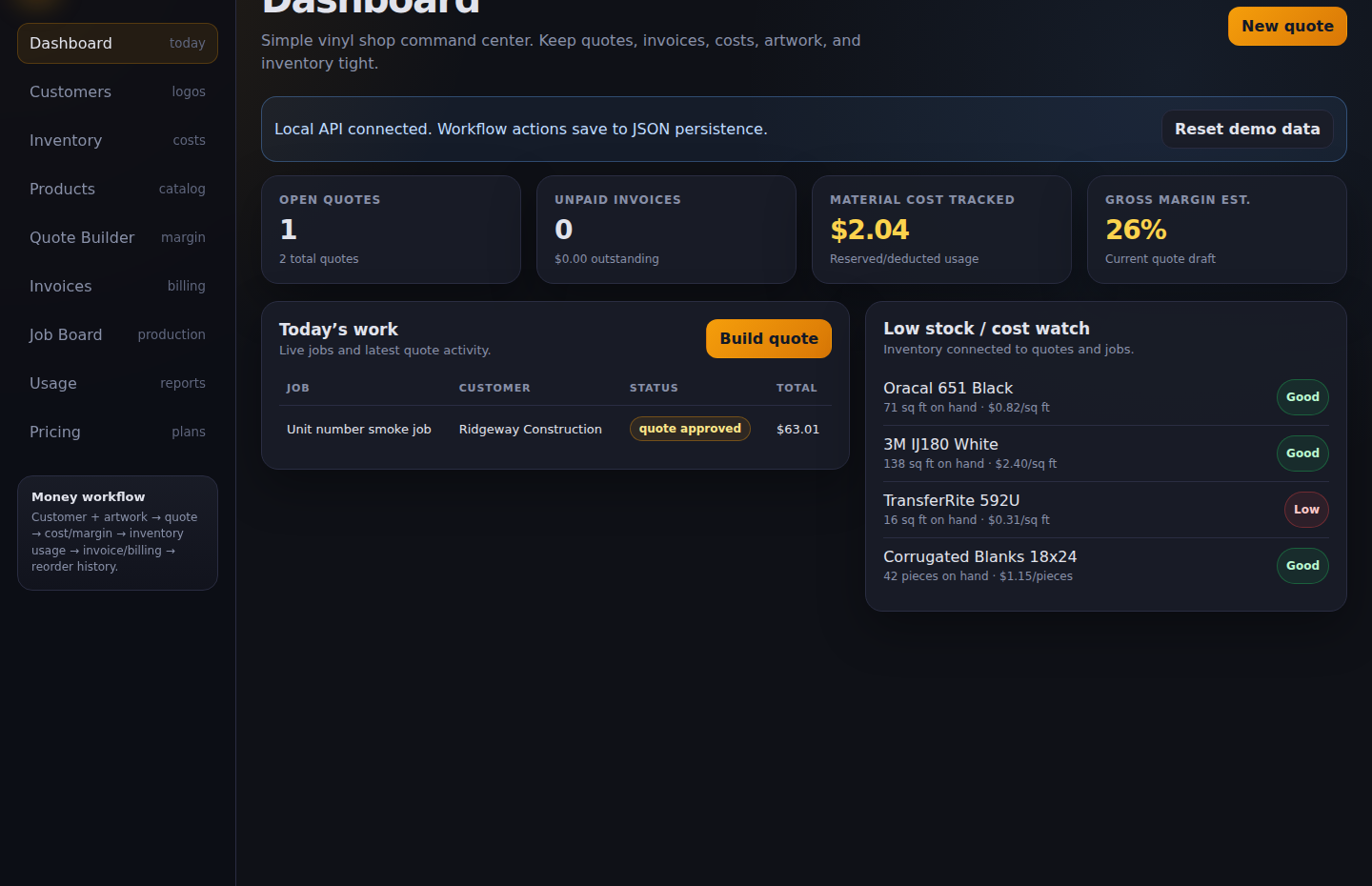 Vinyl OS dashboard showing quotes, jobs, and material costs